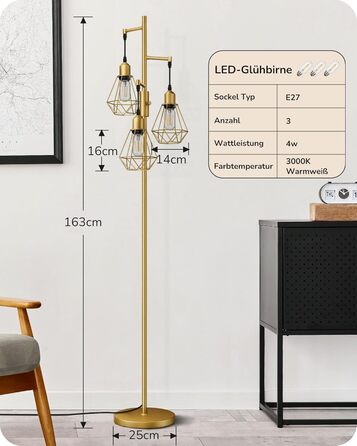 LED торшер Edishine для вітальні, ретро стиль, 3 лампи, диммування, 4W E27, регулювання поворотною ручкою, індустріальний декор з металевим абажуром-сіткою, 2700K, висота 166 см, золотий