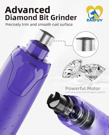 Електричний точилка для кігтів собак Casfuy - 6 режимів, 45 dB, з LED-підсвіткою, для великих, середніх та маленьких собак, з захистом від пилу (білий, фіолетовий)