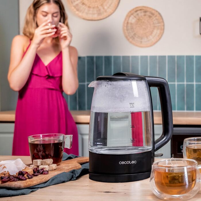 Скляний електрочайник Cecotec ThermoSense 340 Clear, 1.7 л, 2200 Вт, боросилікатне скло, LED-індикація, чорний