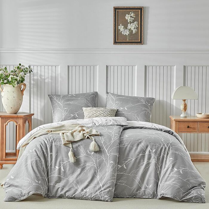 Постільна ковдра Lekesky 135x200 4-х частинна - 2 наволочки 135x200 см + 2 наволочки 80x80 см, квітковий принт, сірий поліестер мікрофібра з блискавкою, гілки сірий/білий