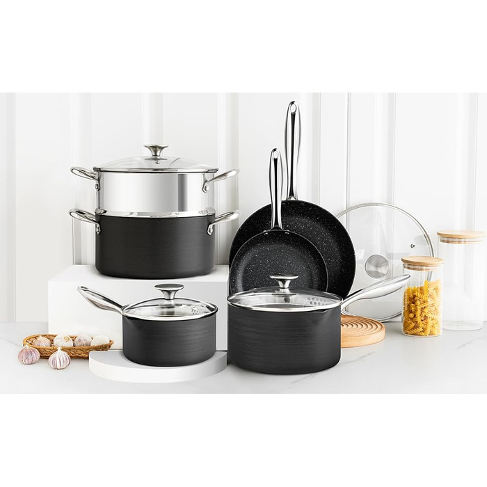 Набір каструль та сковорідок Michelangelo Kochtopf Set 10 шт. з кришкою, індукційне дно, чорний, з сито-кришкою та пароваркою