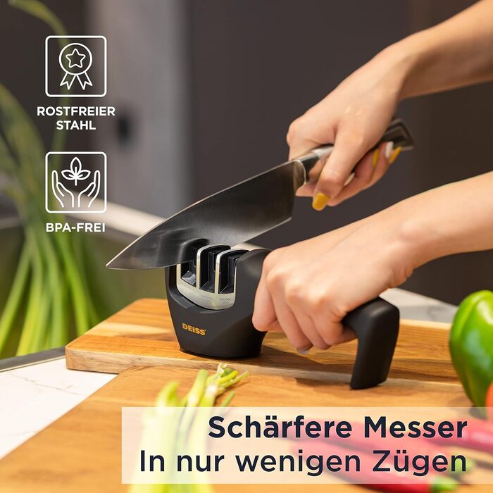 Deiss PRO Точилка для ножів 3-ступенева - професійна для кухонних, мисливських та керамічних ножів. Відновлює та полірує леза