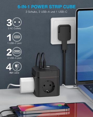 Багатофункціональний USB-розподільник 6 в 1 з USB-C, 3 розетки, індивідуальне вмикання, куб, кабель, для офісу, дому, подорожей (4M, чорний)