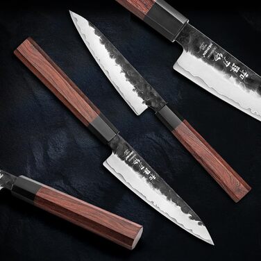 Ніж кухарський Santoku HEZHEN 18,5 см, сталь Дамаск, японський стиль Gyuto, дерев'яна рукоятка