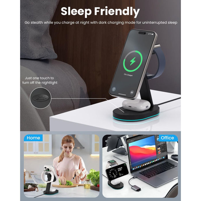 Бездротова зарядка 3-в-1 з MagSafe, USB-C та нічником для iPhone 16/15/14/13/12, Apple Watch та AirPods, A-Schwarz