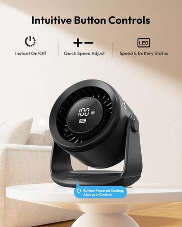 Акумуляторний настільний вентилятор gaiatop, тихий USB-C вентилятор з 5 швидкостями, LED-дисплеєм та сенсорним керуванням, нахил 90°, 4000mAh, чорний