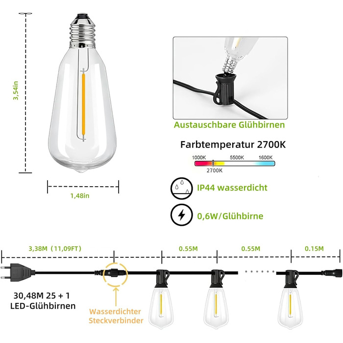 Ланцюжок прикрас AzureStar 15м LED для вулиці: 25+1 ST38, IP44, подовжуваний, 2700K