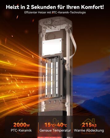 Електричний обігрівач PTC з керамічним нагрівачем, 2200W, з пульт дистанційного керування, 4 режими, таймер 12H, термостат, ECO-режим, осциляція 70°, захист від перегріву та перекидання, для дому та офісу (чорний, 65 см)