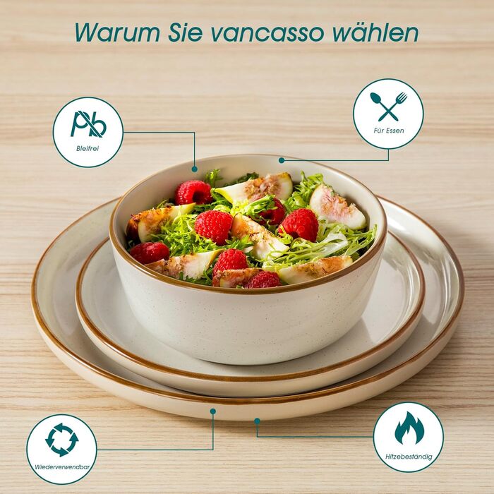 Набір посуду на 6 осіб Vancasso RENO 24 шт. з каменю, сучасний сервіз: тарілки для їжі, супу, десерту, миски. Підходить для миття в посудомийній машині та використання в мікрохвильовій печі. (Бежевий, 36 шт.)