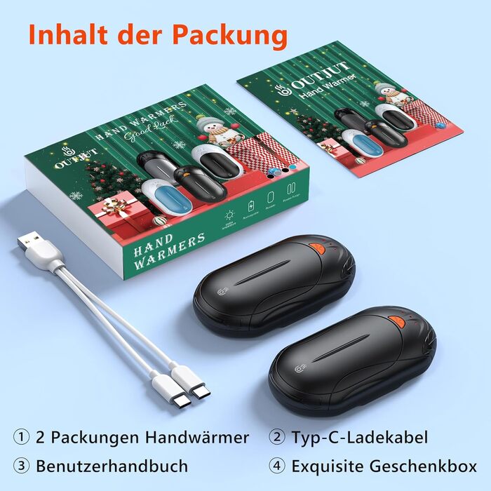 Електричні грілки для рук 2 шт. OUTJUT, 6000mAh, 3 режими нагріву, USB, 20 годин роботи, для спорту та відпочинку на природі, подарунок на Новий рік, чорний