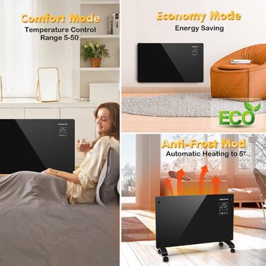 Електричний конвектор Aigostar з термостатом та Wi-Fi керуванням, 2000W, для приміщень до 30 м², чорний (2 шт.)