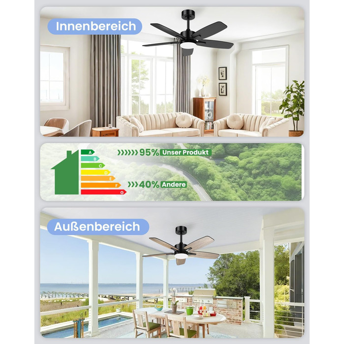 Стелянка вентилятор 106 см з підсвіткою та двосторонніми лопатями, тихий вентилятор з LED-лампою та пультом керування, для спальні та вітальні, DC мотор, штанга темне дерево