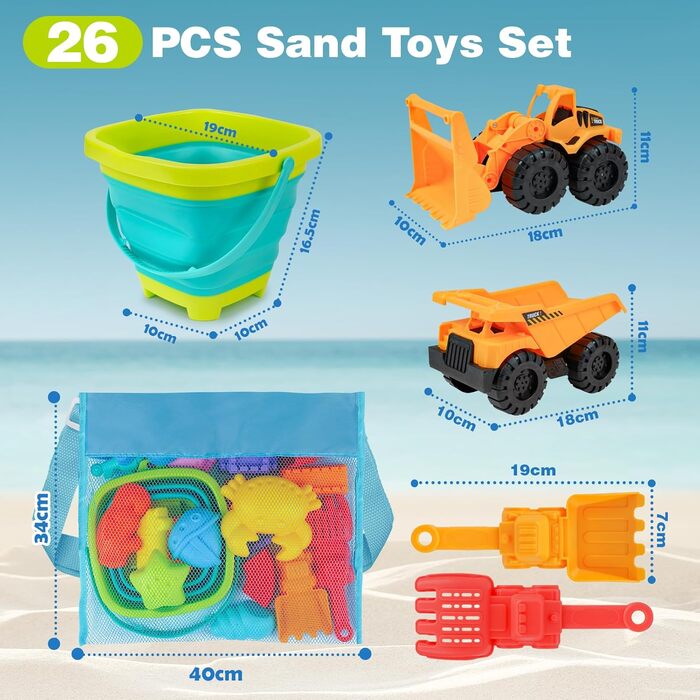 YIMORE Sand Toys Beach Toys for Boys with Folding Bucket Kids Excavator Sandbox Toy, 26 PCS Sand Molds Sand Shovel Kids, Travel Sand Toy for Ages 3+