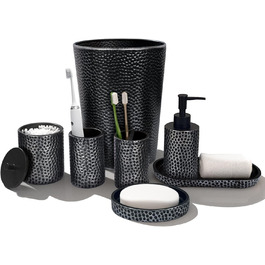 Набір аксесуарів для ванної кімнати LKKL 7-Piece Silver Set: сміттєвий бак, диспенсер для мила, мильниця, стакан для зубної щітки, підставка для зубних щіток, контейнер для ватних паличок, піднос. Сучасний набір для ванної кімнати.