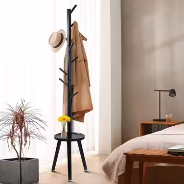 Yawinhe Coat Rack, Solid Wood Clothes Rack, Tree-Shaped Coat Stand with Anti-Slip Pad and Side Table, 8 Hooks, 3 Adjustable Heights, 182cm Height, for Entrances, Living Rooms, Black