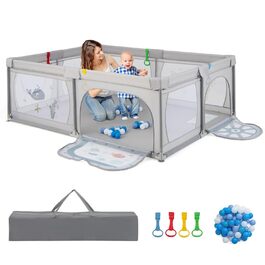 COSTWAY 205 x 147cm Playpen Baby foldable, Play Yard with 50 Balls, 2 Doors, Side Pocket, Breathable Mesh & Zipper, Playpen Tent for Infants & Toddlers (Gray-Fish) Gray-Fish Without Mattress