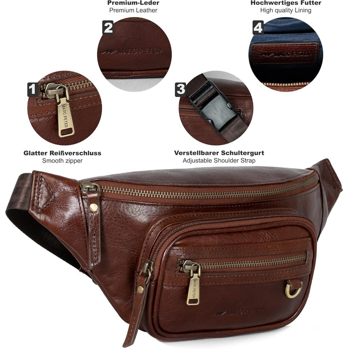 Чоловіча поясна сумка Marc Peter® Varadero з натуральної шкіри Наппа | Перехресна сумка на пояс для чоловіків та жінок | Сумка на пояс з регульованим ремінцем | Шкіряна сумка-чокер | Сумка через тіло (Чорний шоколад)