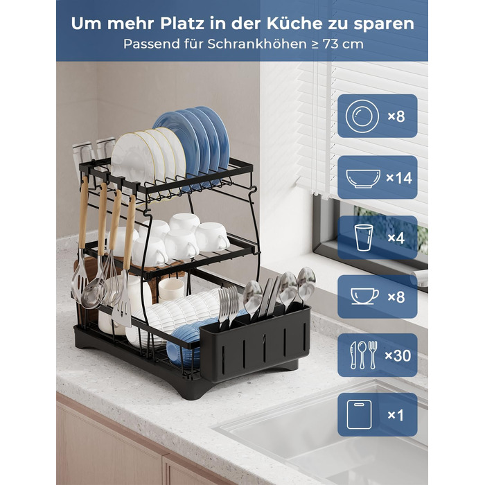 Сушарка для посуду Yissvic з нержавіючої сталі, 3-рівнева, з піддоном, тримачем для ножів та дощечкою для нарізання, поворотним виливом, чорна