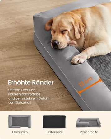 Feandrea Orthopedic Dog Bed, Dog Cushion, Dog Basket, Soft Padding, Dog Sofa, Raised Sides, Removable and Washable Cover, 91 x 71 x 20 cm, Non-Slip Bottom, PGW076G01 (L 135 x W 107 x H 25 cm, Light Grey)
