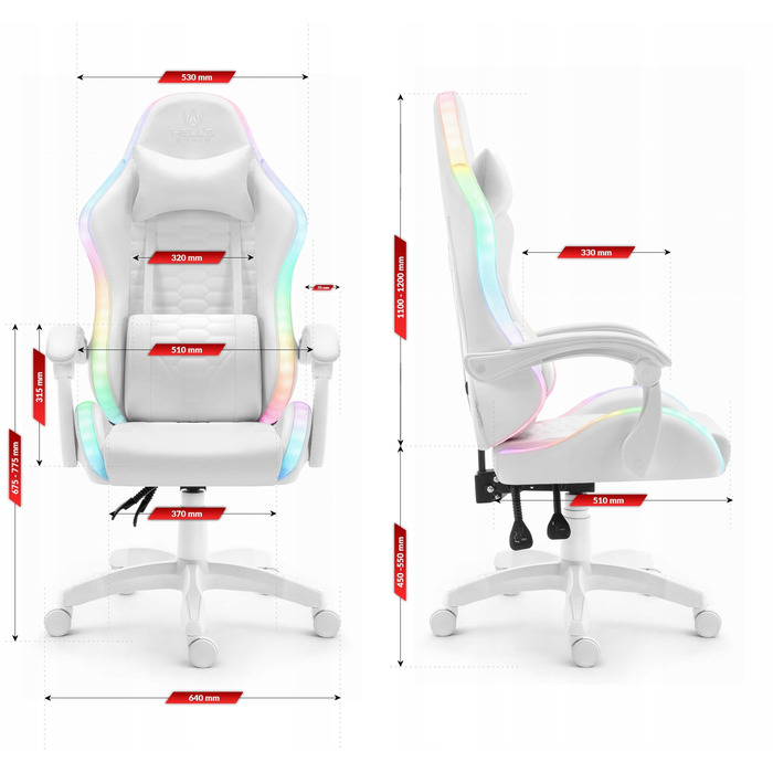 Ігрове крісло Hell's Chair HC-1000 White LED RGB, екошкіра, біле
