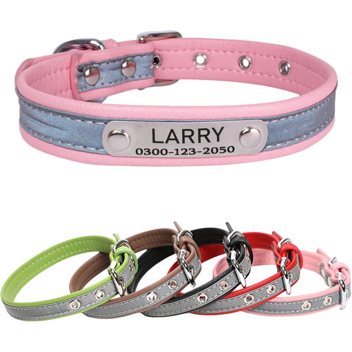 Освітлююче нашийник Yonsbox для собак та котів з персоналізованою гравіюванням – міцний, легкий, з ID-значком та світловідбиваючими елементами. 6 розмірів (XS–XXL). Рожевий, XXL: 46-56 см (підходить для собак вагою до 27 кг)