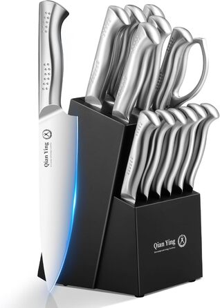 Набір кухонних ножів Qianying з блоком: 14 предметів. Набір ножів з підставкою, точилка, срібний колір. Кухонні ножі, подарунок для мами. Преміум якість.