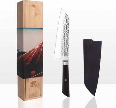 Японський кухонний ніж Santoku Bunka KOTAI 17 см з лезом із ультрагострої сталі 440C, ручне кування, з бамбуковою коробкою та футляром Saya