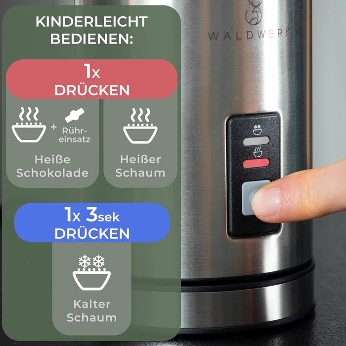 WALDWERK Milk Frother made of 304 Stainless Steel and Oak Wood - Electric Milk Frother for Perfect Foam or Hot Chocolate - Milk Frother - Electric Milk Frother