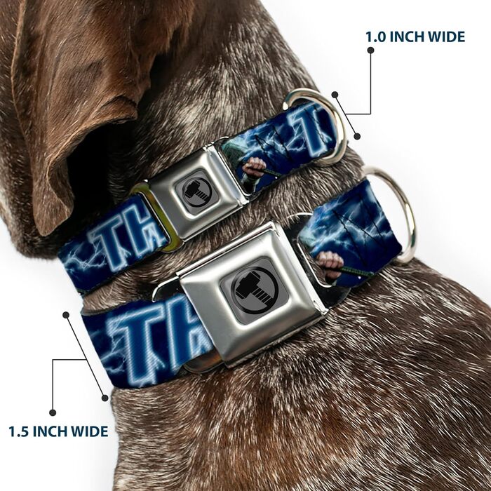 Нашийник для собак з кріпленням на ремінь безпеки, Avengers Thor, Поза з молотом, Галактичний синій та білий, 38-66 см, ширина 2.5 см, підходить для великих собак