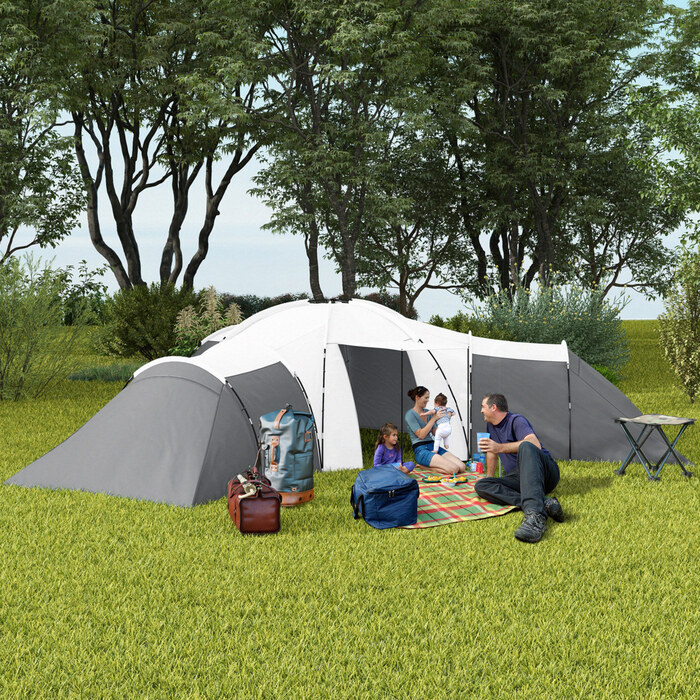 Намет Outsunny Tunnelzelt Campingzelt для 6-9 осіб з 3 спальнями, вітальнею та верандою, водовідштовхування 2000 мм, сірий