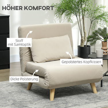Крісло-ліжко HOMCOM, розкладне крісло з функцією ліжка, декоративні подушки, розкладне крісло для відпочинку з регульованою спинкою, обтягнуте тканиною з ефектом оксамиту, для вітальні, Бежевий | Aosom