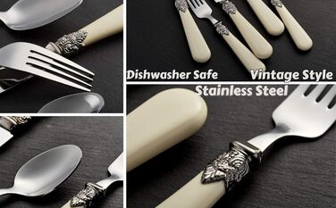 EXZACT Ivory Creme Flatware Set, 20 Pieces, Stainless Steel with Detailed Handles, Traditional, Elegant, Vintage Style/Antique