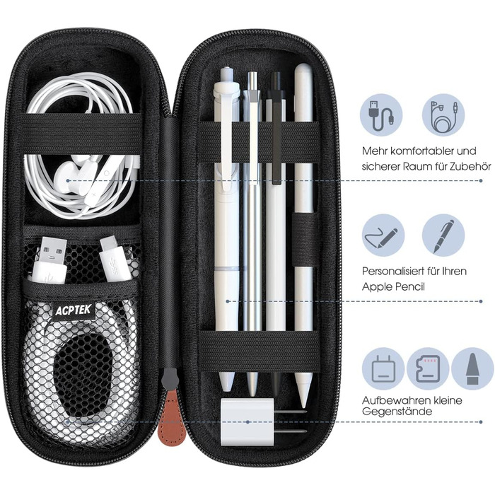 Чохол для Apple Pencil та інших стилусів, преміум шкіра, з відділенням для кабелю USB (чорний)