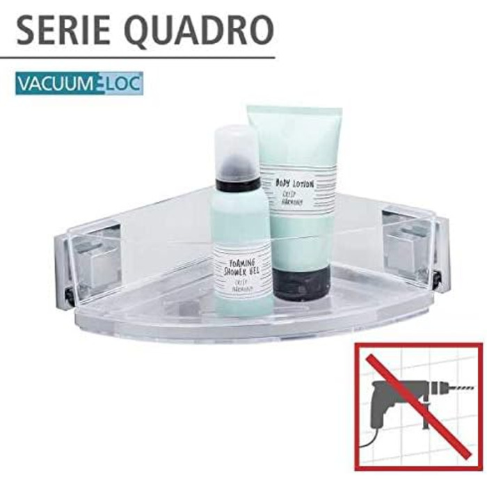 WENKO Vacuum-Loc Bathroom Corner Shelf Quadro UNO, With Removable Bowl, Mounting Without Drilling, Stainless Steel/Plastic, 28 x 8.5 x 19.5 cm