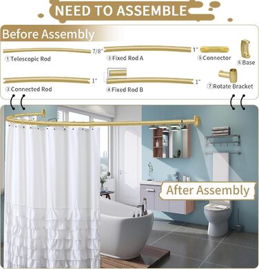 Вигнута штанга для душової завіси YNL, 89-203 см, золота, кругла, нержавіюча сталь, для ванної кімнати та ванни, регульована, розширювана, антикорозійна