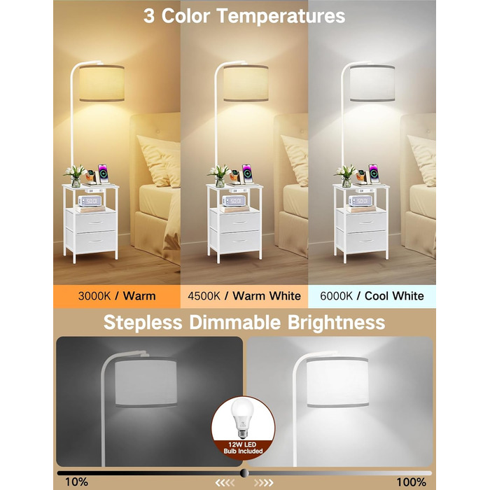 Стійка лампа для вітальні з поличкою та столиком, диммування LED, пульт керування, 3 колірні температури, приліжний столик з підзарядкою, дерев'яний столик для спальні/офісу (білий з шухлядами)
