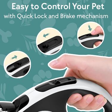 Висувна поводок для собак, 360°, 5 м міцного нейлону з гальмом однією рукою та фіксатором для тренувань та прогулянок, підходить для собак будь-якого розміру