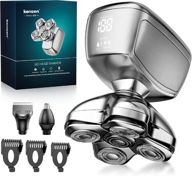 Електричний чоловічий бритва Kensen 3-в-1, IPX6, водонепроникний, для гоління голови з 5D-головками, тример для волосся та носа, для мокрого та сухого гоління, зарядка USB-C