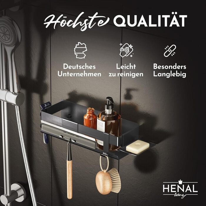 HENAL Shower Shelf Set 5 in 1, Matte Black Stainless Steel Shower Shelf (No Drilling Required), Shower Rack including Razor Holder, Squeegee Holder, Soap Dish & Hook, XXL Bathroom Organizer