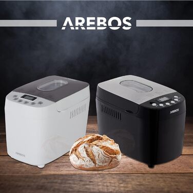 Хлібопечка Arebos 1500г з 15 програмами, таймером та LCD дисплеєм | Хлібопекарня з 3 рівнями підсмажування та 2 гачками для тіста