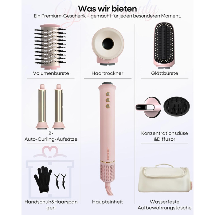 Аirstyler 7-в-1: Фен, плойка, брашинг, термощітка, автоматична завивка, іонізація, захист від пошкоджень, рожевий