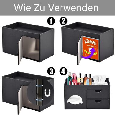Tissue Box Linen with Drawers, Square Cosmetic Tissue Box with Magnetic Closure, Tissue Box with Side Pocket for Cell Phones, Cosmetic Brushes, Remote Controls, Office Supplies, Perfumes (Black)