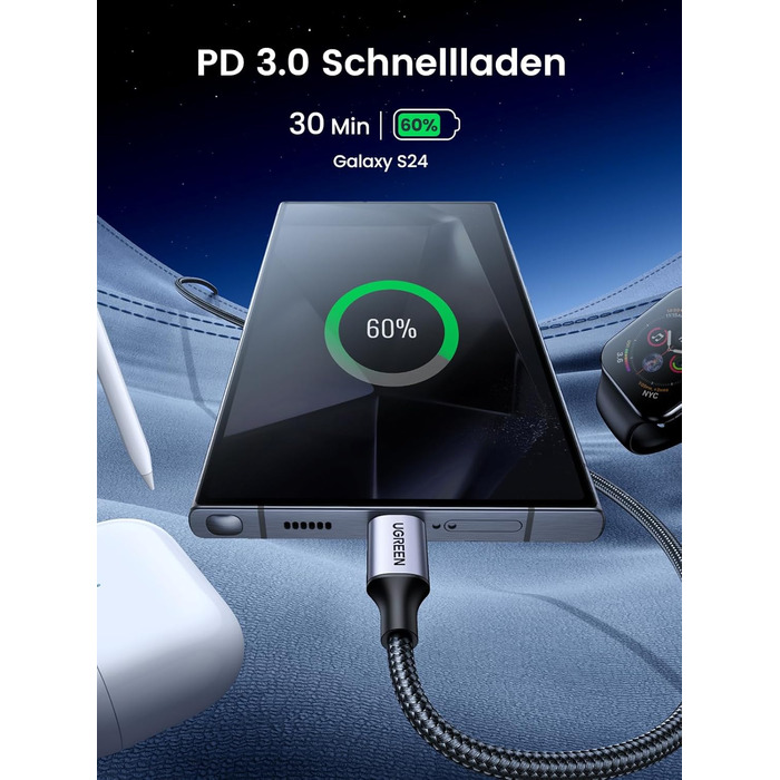Кабель USB-C на USB-C UGREEN 60W PD 3.0, 1.0 м (1 м), сумісний з iPhone, Galaxy, MacBook, iPad, Pixel
