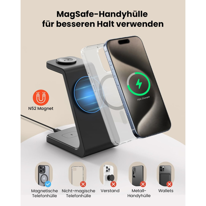 Зарядний пристрій GEEKERA 3 в 1 з підтримкою Qi2, 15W, для iPhone, Apple Watch, AirPods, чорний