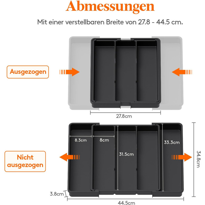 Органайзер для столових приборів Lifewit в шухляду, розширюваний 38-57 см, чорний, пластик, 28-44.5 x 35 x 4 см