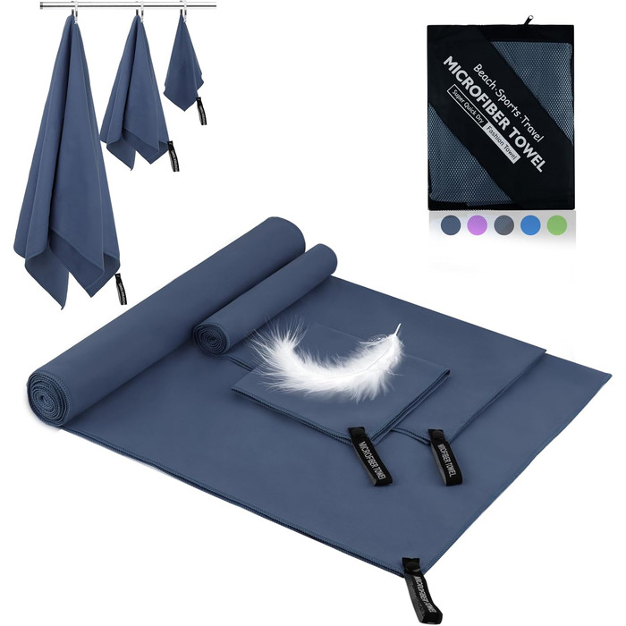 Набір рушників Neerow з мікрофібри (3 шт.): великий (152x76 см), фітнес (80x40 см), маленький (30x30 см), кольоростійкі, швидковисихаючі (Marine)