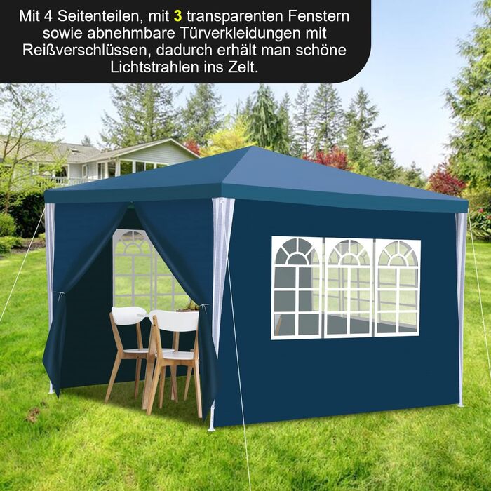 Waterproof Garden Gazebo, Gazebo, Stable and Winter-Proof with 4 Side Panels and Windows, Garden Party Tent with UV Protection 50+ for Parties, Market Stalls, Flea Markets, and Camping, Green, 3x3m (Blue-3x3M)