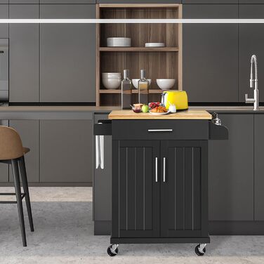 Кухонний візок Yaheetech з висувною шухлядою та 3 шафками, 60x40x88,5 см, білий/чорний, у стилі кантрі