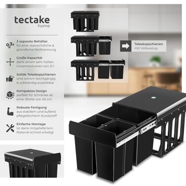 Кухонний сміттєвий бак tectake на 3 камери (31 л) з телескопічними направляючими: 2x8л та 1x15л, для сортування відходів, чорний