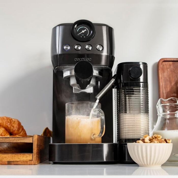 Cecotec Espressomaschine Espresso and Cappuccino Cafelizzia 790 Steel Pro. 1350W, Pressure Gauge, Thermoblock System, 20 Bar Pressure, Automatic Mode for 1-2 coffees, Swivel Steam Wand, 1.2L, Stainless Steel (with Pressure Gauge | Milk Container)